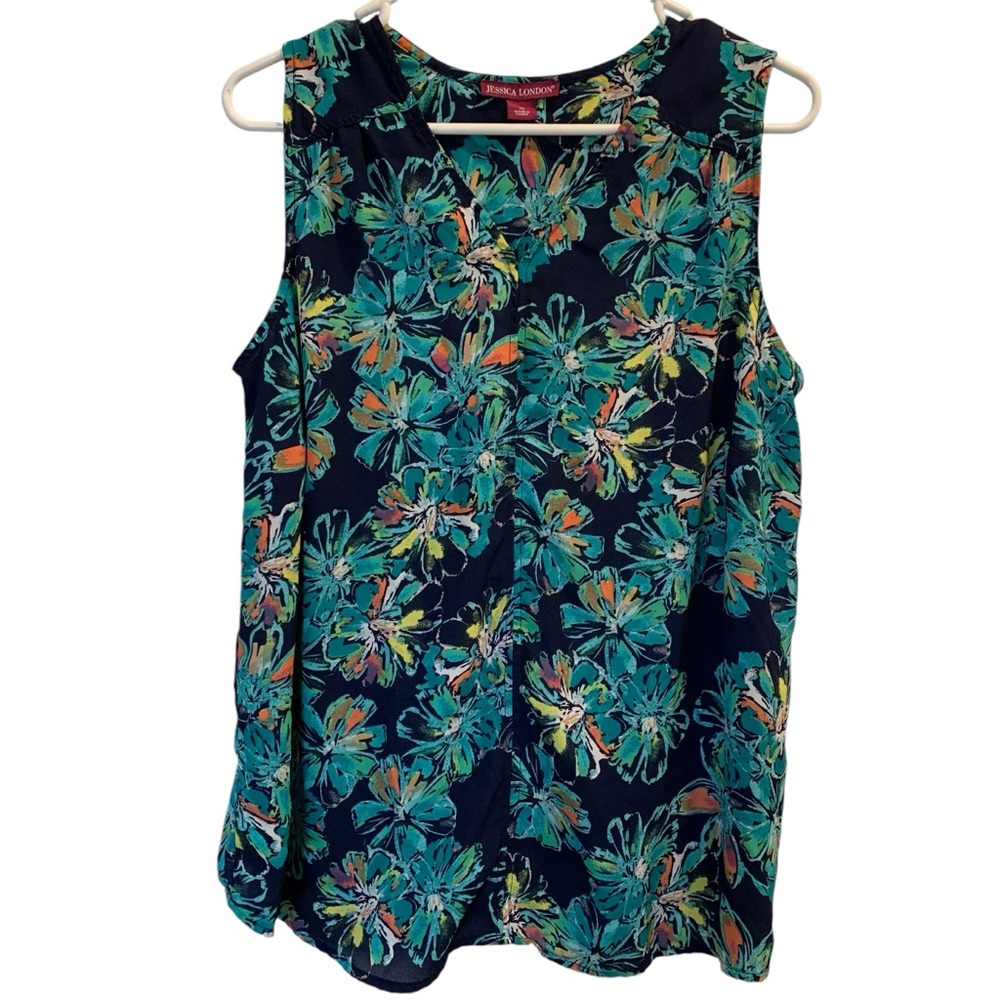 Jessica London Sleeveless V-Neck Navy Blouse with Flowers Size Large